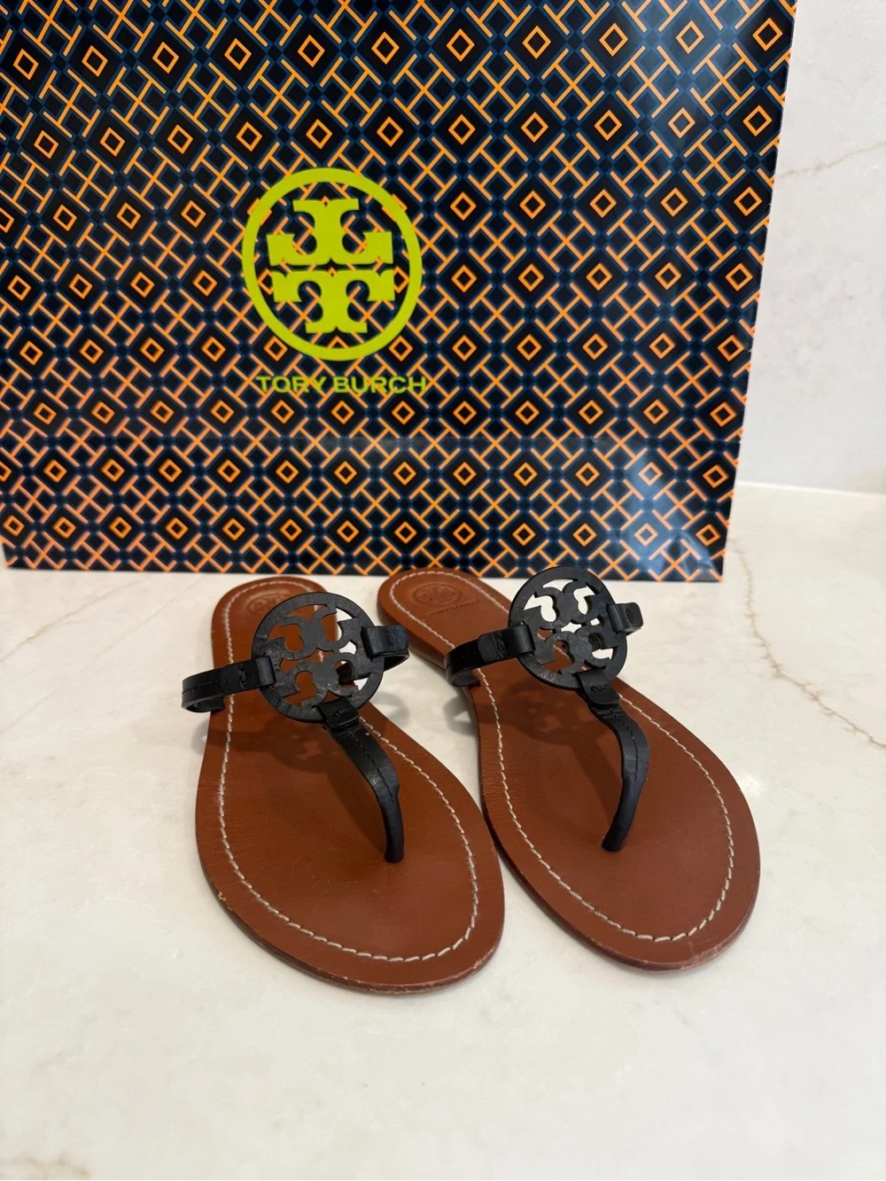 Tory Burch Black Logo Thong Sandals with Brown Footbed